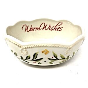 Fitz and Floyd Christmas Bowl Warm Wishes Sentiment Holiday  Holly Berries Gift